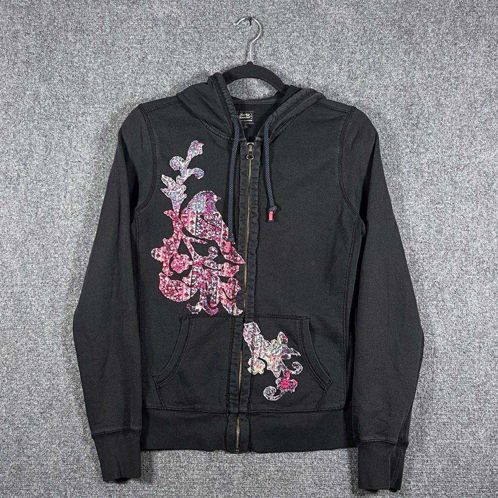 Vintage Y2K Lucky Brand Embroidered Zip Up Hoodie Black Grunge Punk Women Medium